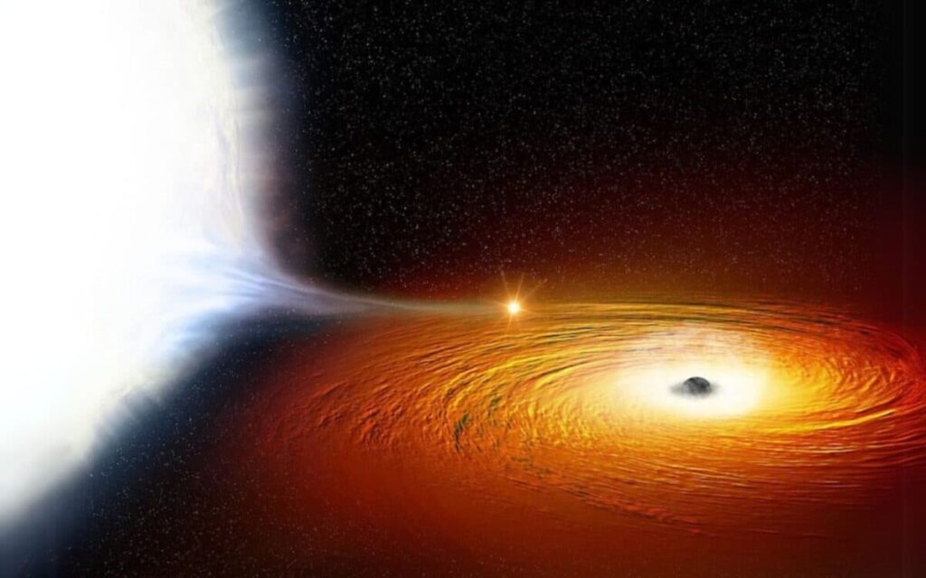 The artists' concept black hole sucking material from a neighboring white dwarf star